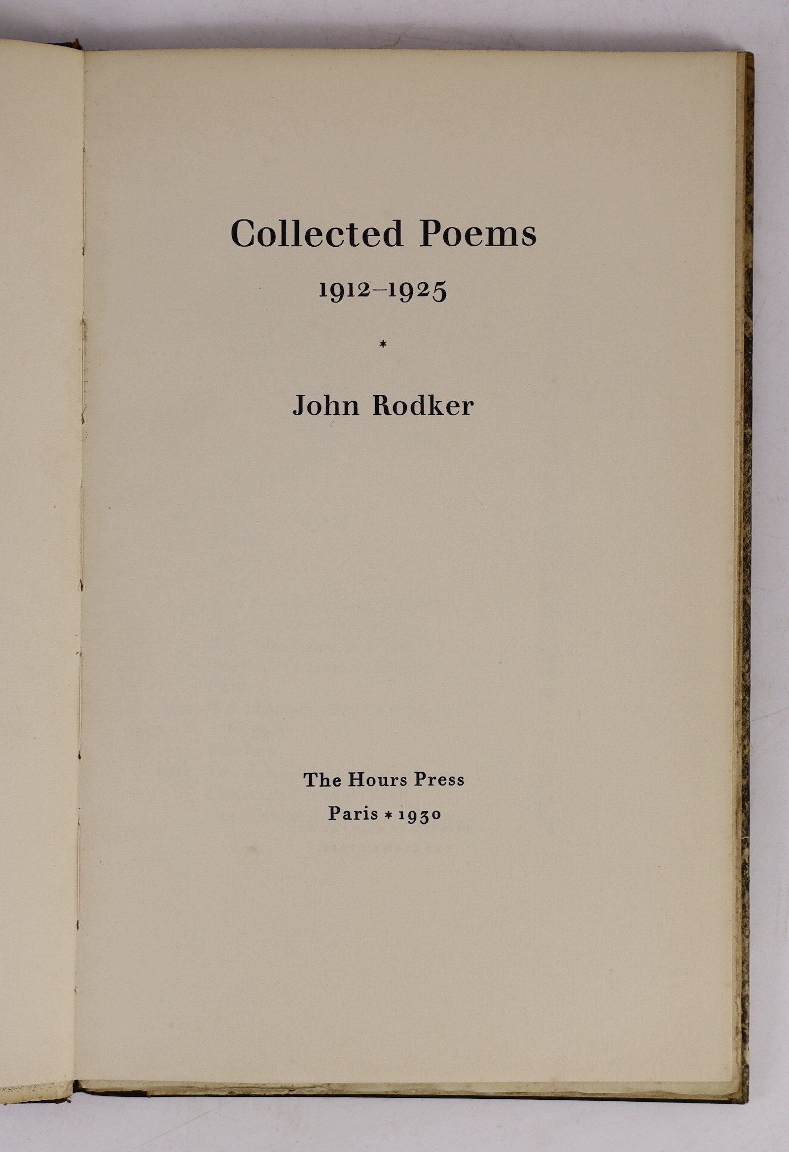 Rodker, John - Collected Poems, one of 200, signed, 8vo, half leather, The Hours Press, Paris, 1930